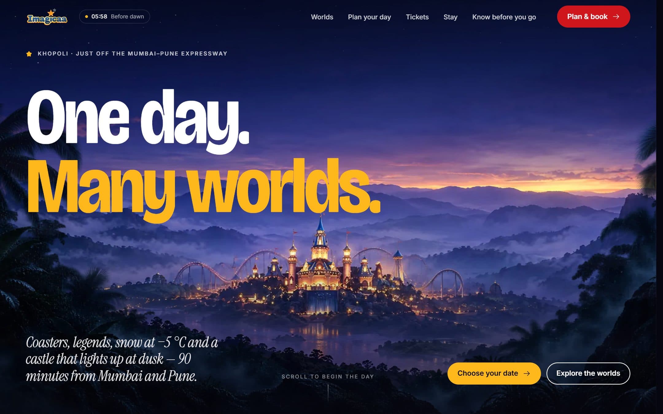 Imagicaa concept homepage: 'One day. Many worlds.' over an illustrated castle at dusk