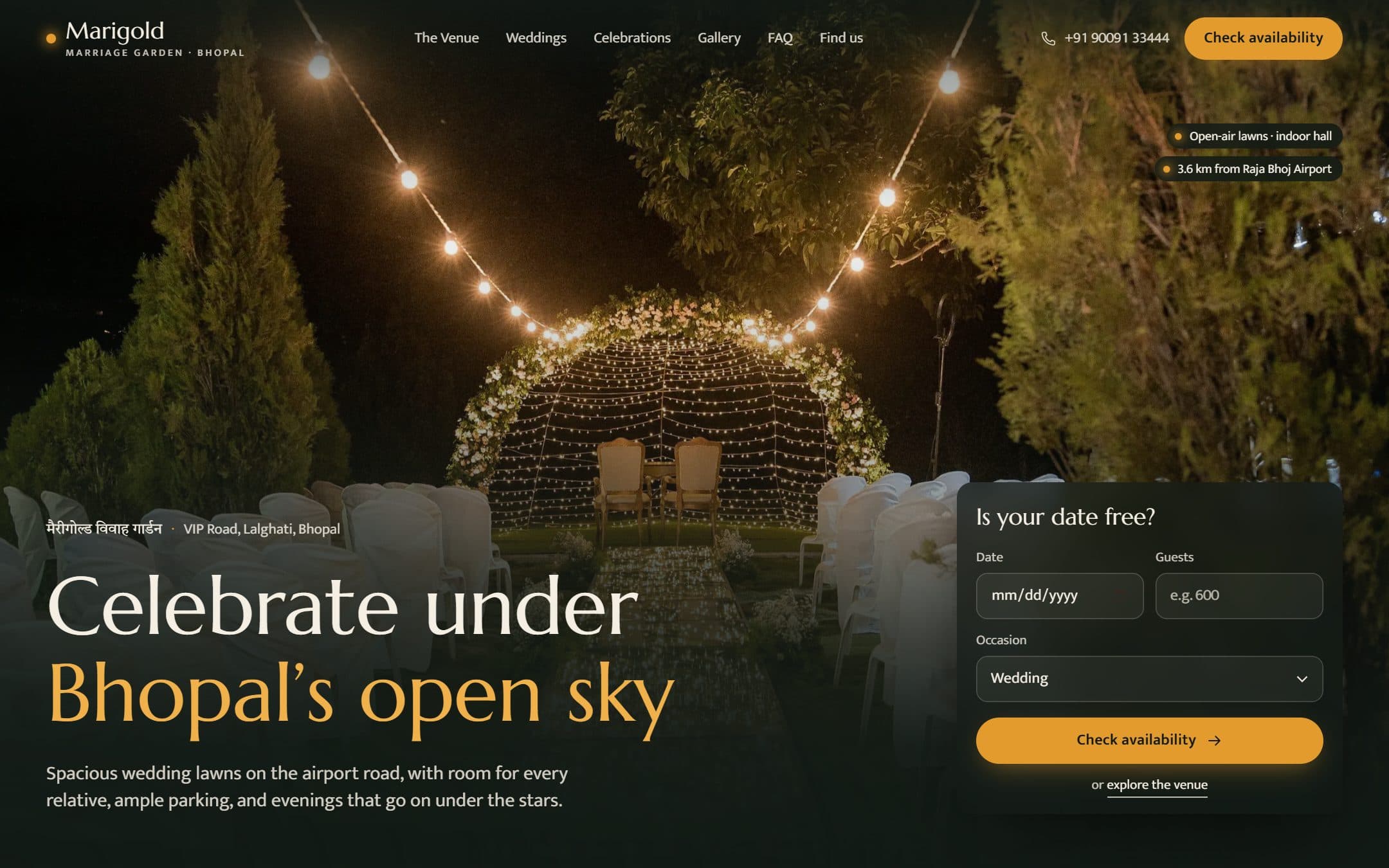 Marigold Marriage Garden concept homepage: 'Celebrate under Bhopal's open sky' with an availability form