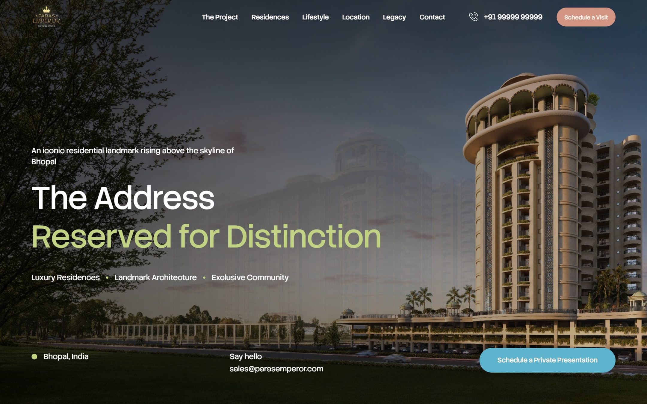 Paras Emperor Tower III landing page: 'The Address Reserved for Distinction' over a render of the tower