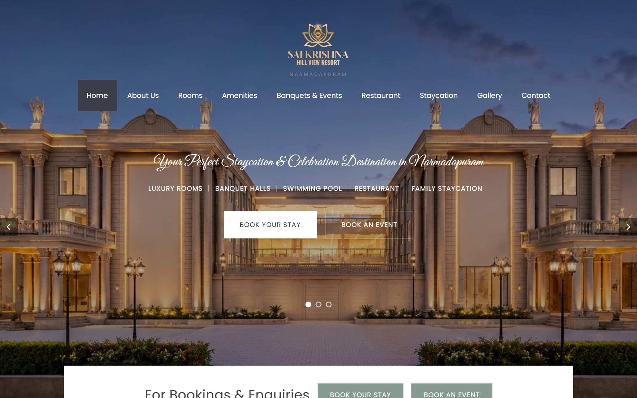 Sai Krishna Hill View Resort homepage with the lit resort facade and Book Your Stay and Book an Event buttons