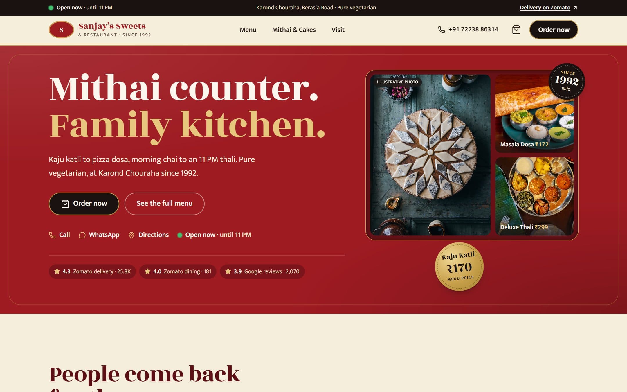 Sanjay Sweets concept homepage: 'Mithai counter. Family kitchen.' with photos of kaju katli, dosa and a thali