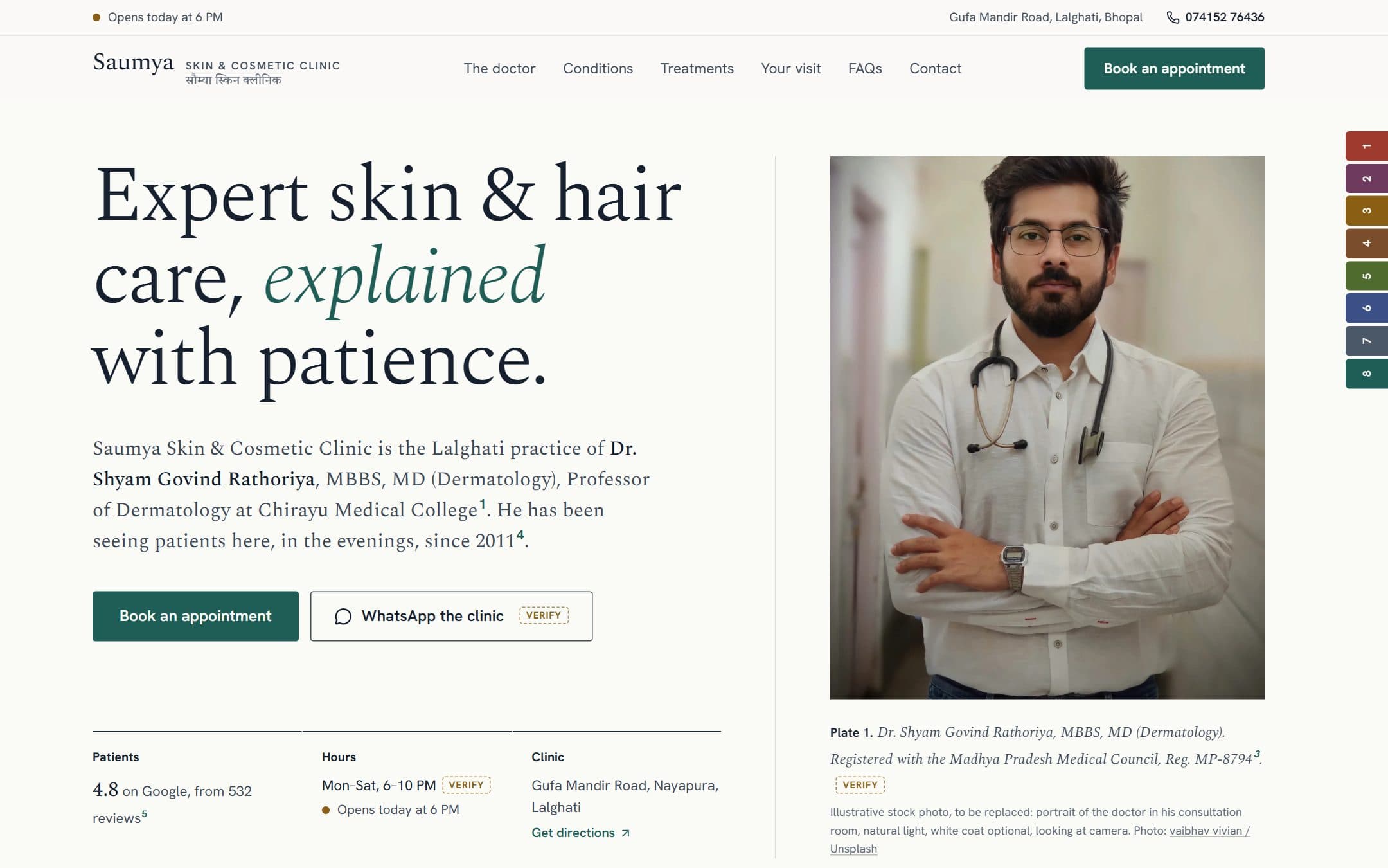 Saumya Skin & Cosmetic Clinic concept homepage: 'Expert skin & hair care, explained with patience.'